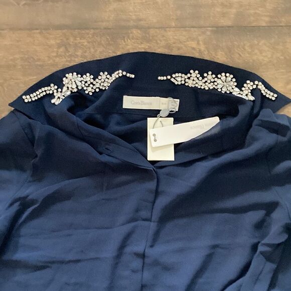 NWT Costa Blanca navy Blue sheer rhinestone collar top Sz-Small - Picture 7 of 13